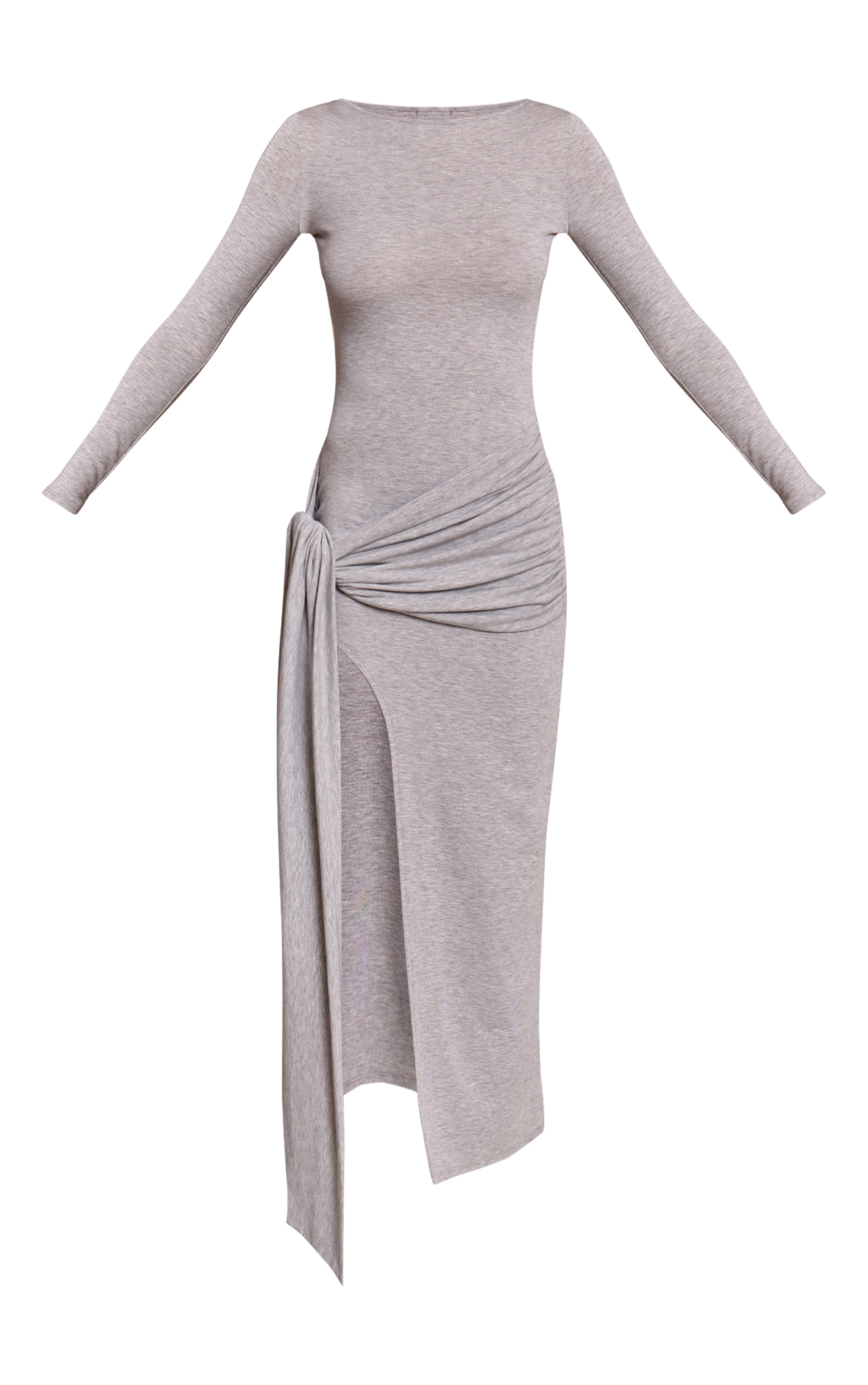 Grey Jersey Knot Drape Detail Long Sleeve Maxi Dress image 5