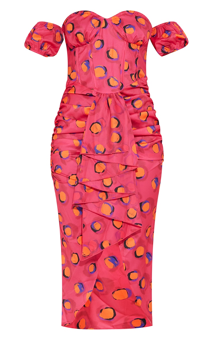 Robe mi-longue drapée imprimé pois rose à détail corset et col bardot image 5