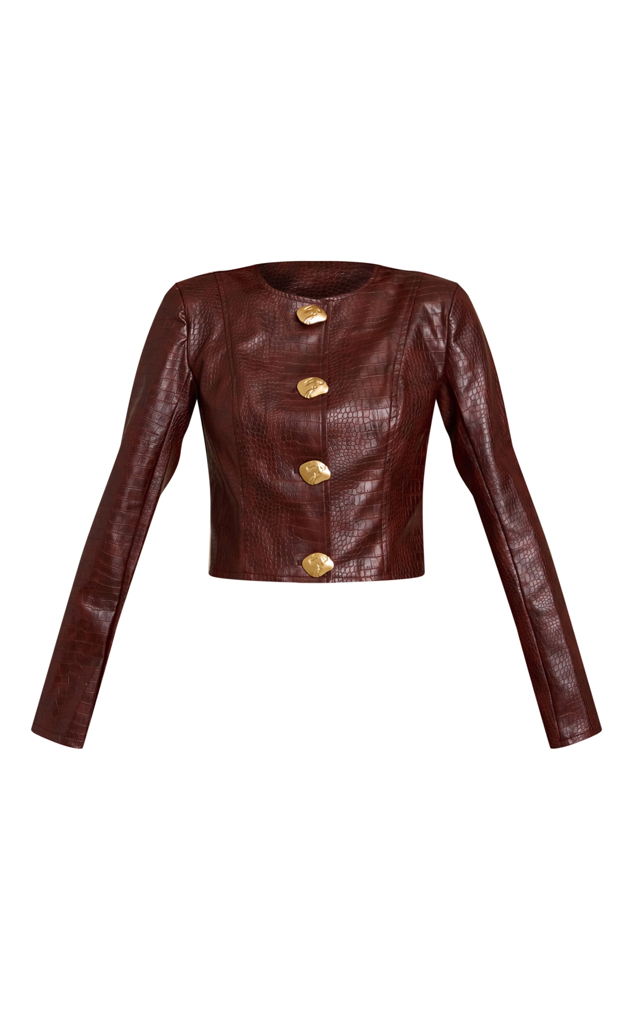 Dark Brown Croc Faux Leather Gold Trim Cropped Jacket image 5