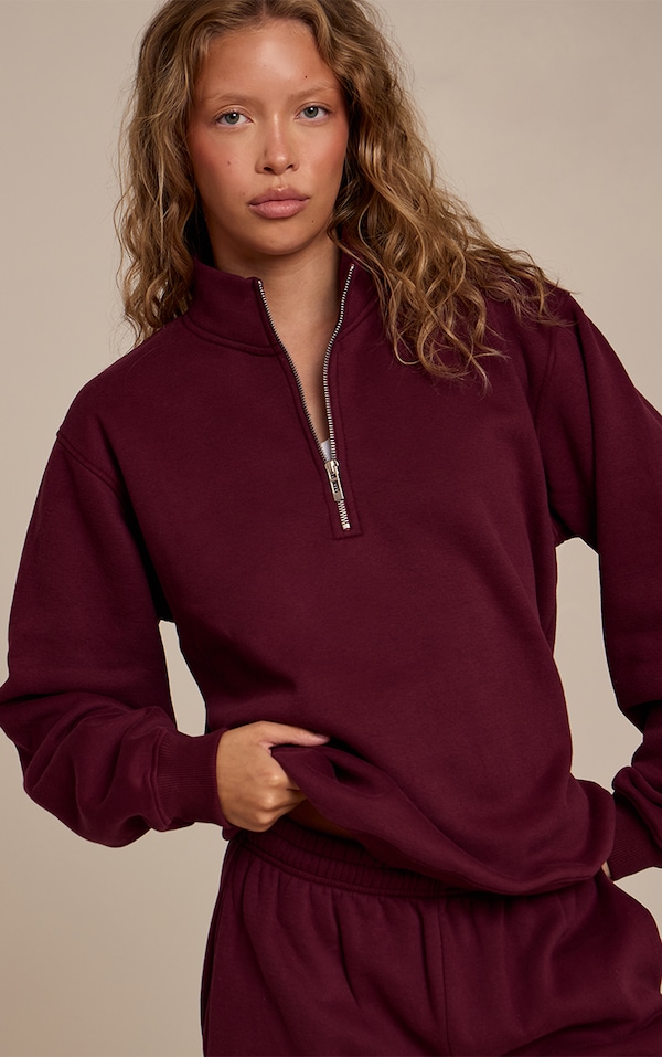 Sweat en coton polaire rouge vin anthracite à quart de zip