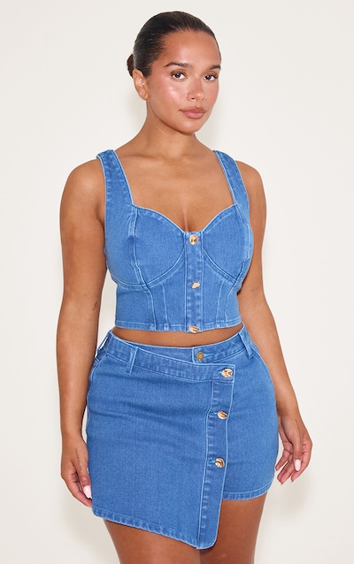 Shape Dark Blue Stretch Denim Gold Trim Asymetrical Skort