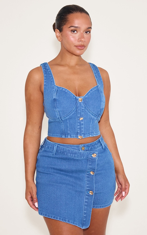 Shape Dark Blue Stretch Denim Gold Trim Asymetrical Skort
