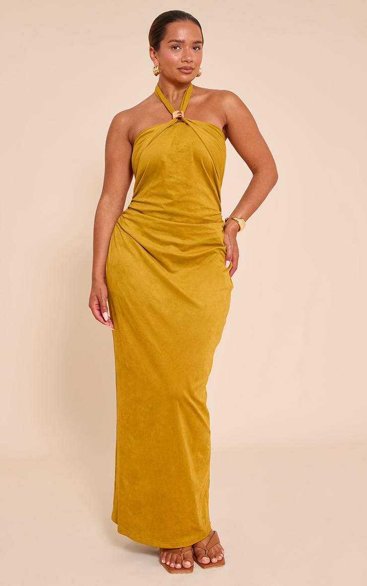 Shape Olive Faux Suede Gold Trim Halterneck Maxi Dress image 1