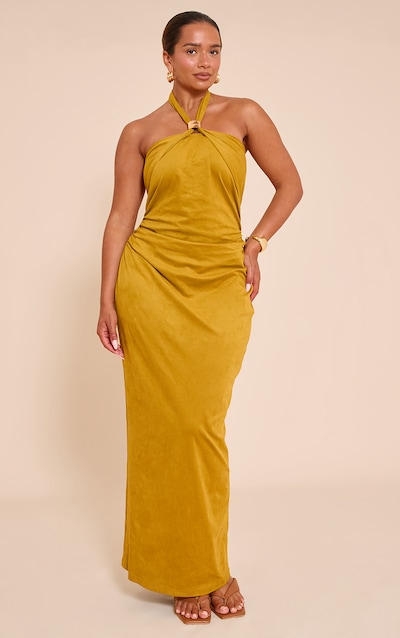 Shape Olive Faux Suede Gold Trim Halterneck Maxi Dress
