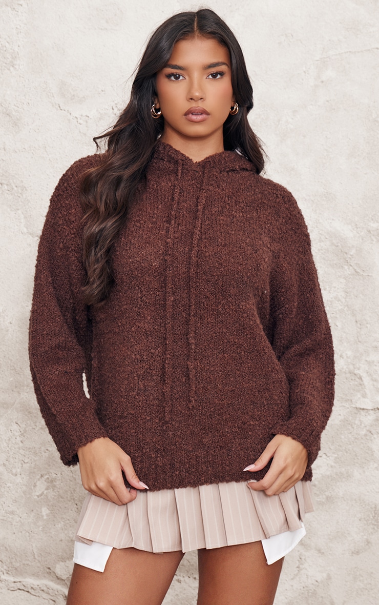 Chocolate Textured Bobble Knit Hoodie image 3