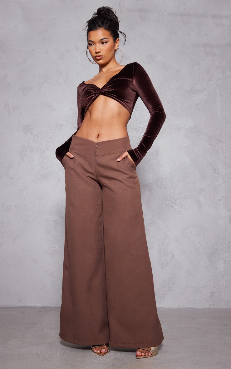 Chocolate Velvet Twist Front Long Sleeve Crop Top