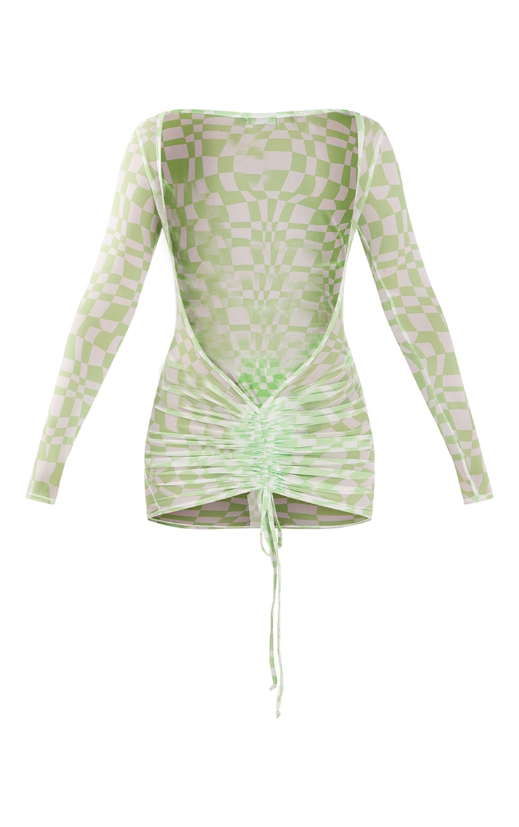 Robe de plage froncée en mesh vert imprimé carreaux et vagues image 5