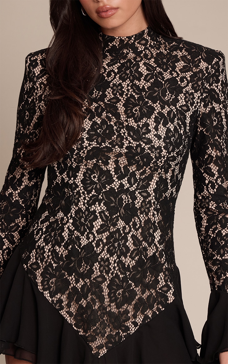 Black Lace High Neck Frill Detail Mini Dress image 4