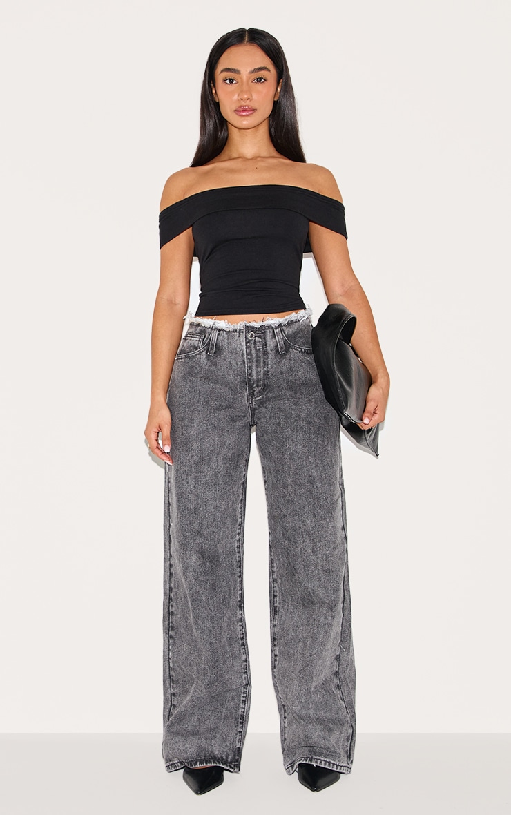 Petite Washed Grey Fray Waist Low Rise Straight Leg Jeans