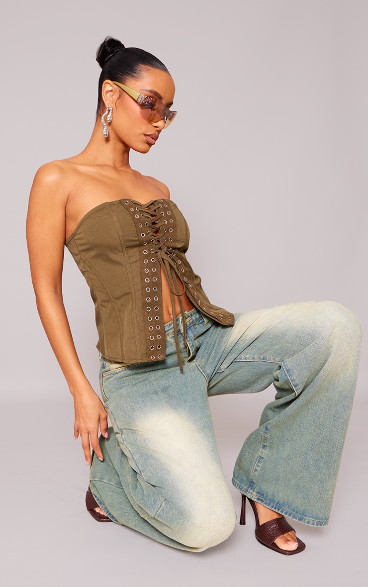Khaki Contrast Front Eyelet Lace Up Corset PrettyLittleThing