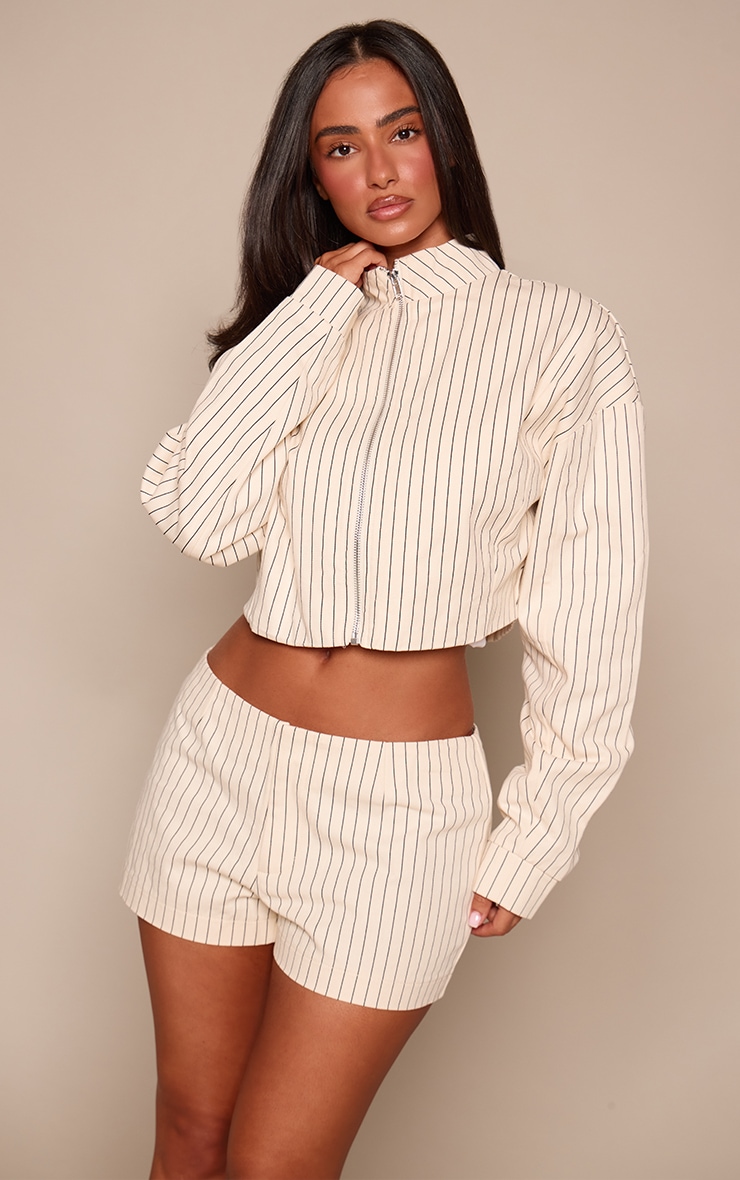Petite Cream Pinstripe Twill Zip Up Funnel Neck Jacket
