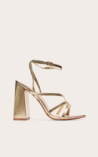 Gold Wide Fit Pu Square Toe Strappy Block Heeled Sandals