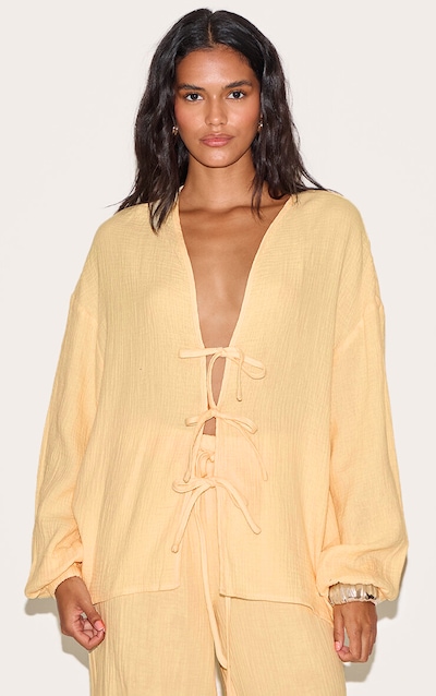 Lemon Textured Cheesecloth Tie Front Shirt