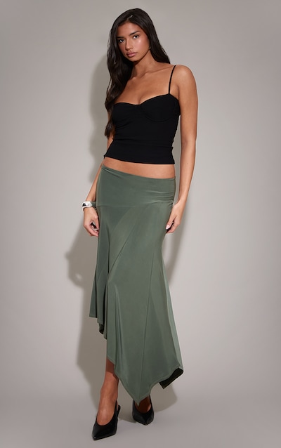 Khaki Slinky Seam Detail Asymmetric Skirt