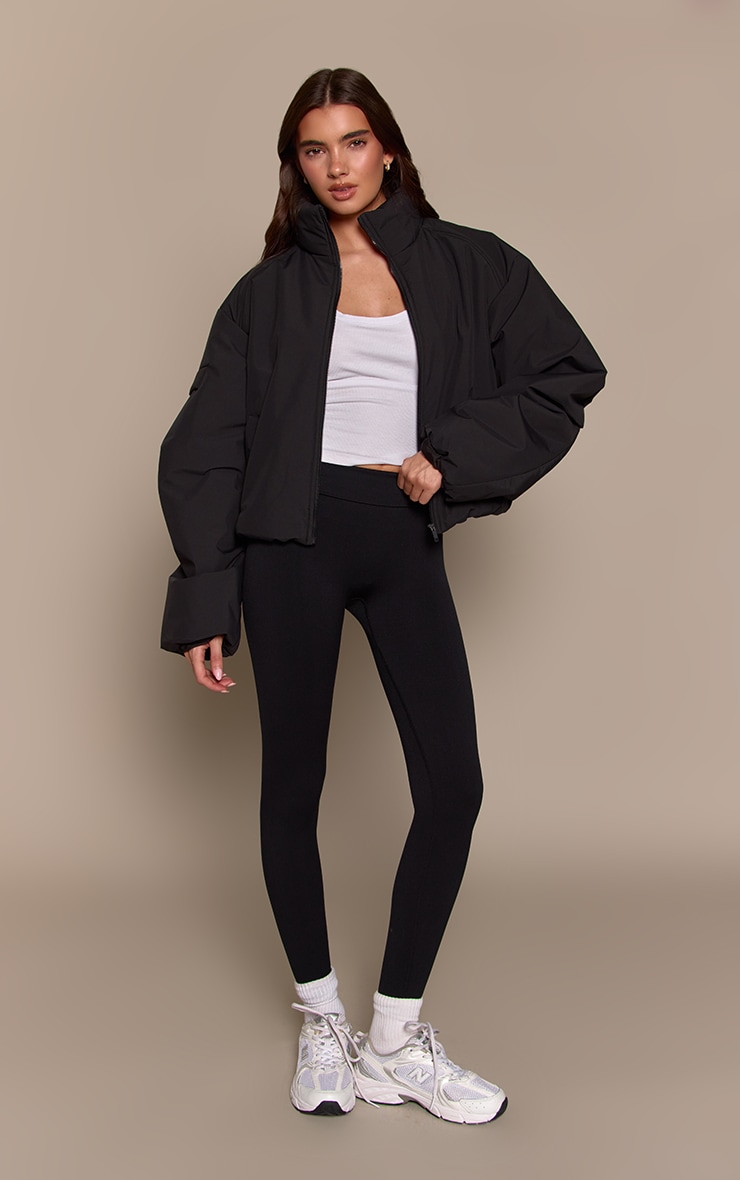 Black Funnel Neck Cocoon Sleeve Zip Through Jacket image 3