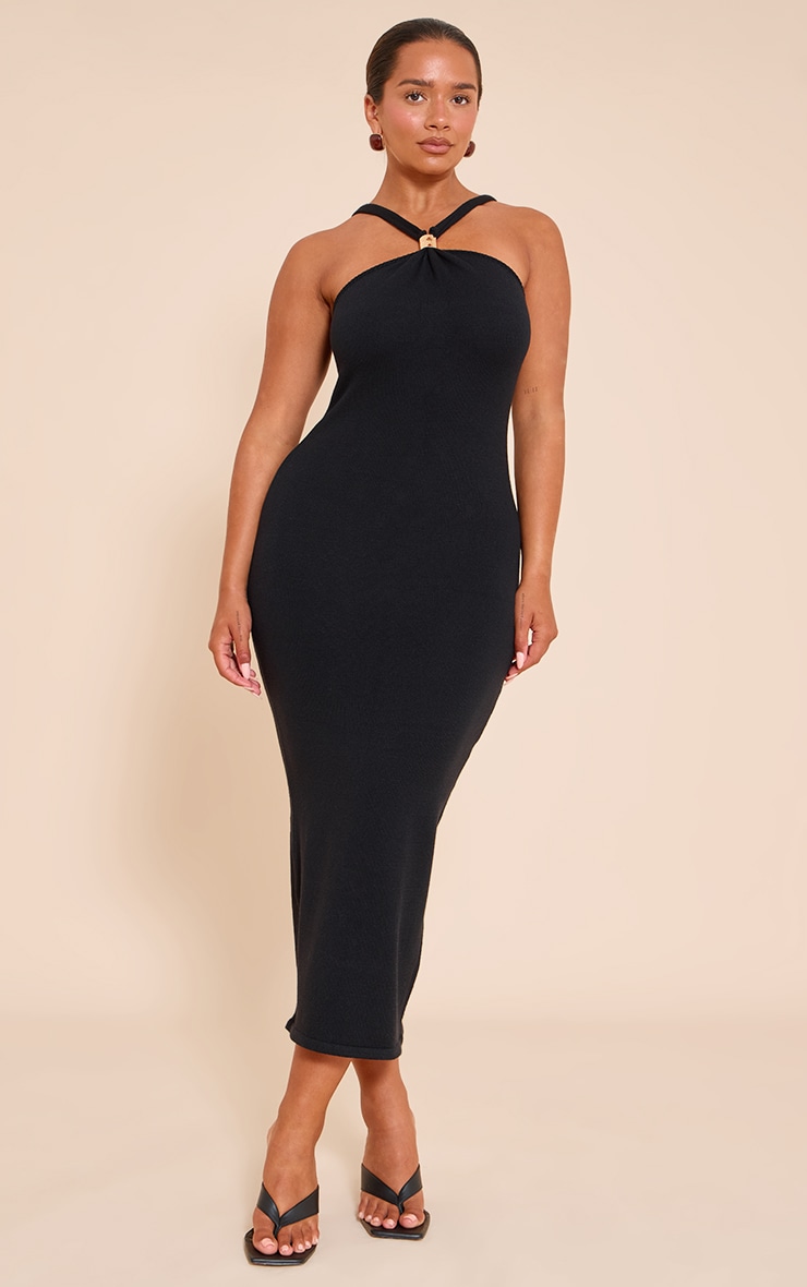 Shape Black Knitted Gold Trim Cross Front Maxi Dress image 1