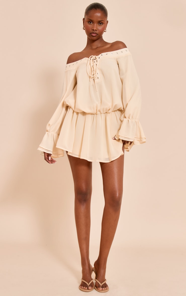 Cream Lace Up Front Bardot Top image 3