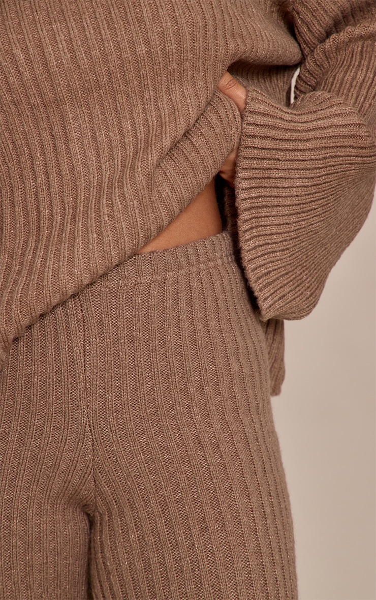 Petite Mocha Rib Knit Wide Leg Trouser