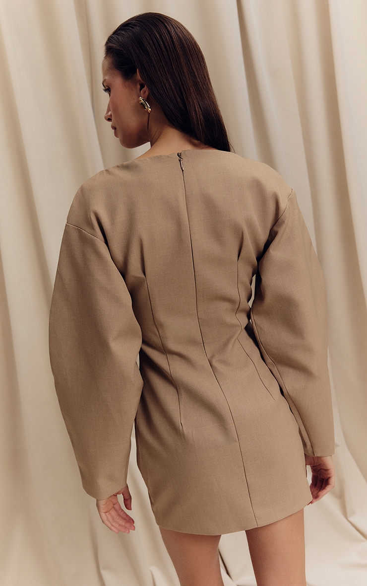 Camel Cocoon Sleeve Cinched Waist Blazer Dress image 2