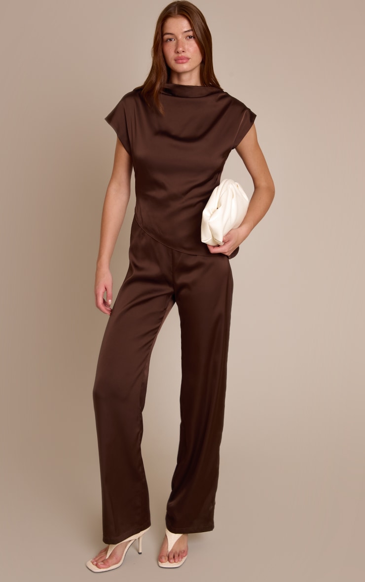 Chocolate Satin Cap Sleeve Straight Leg Jumpsuit image 3