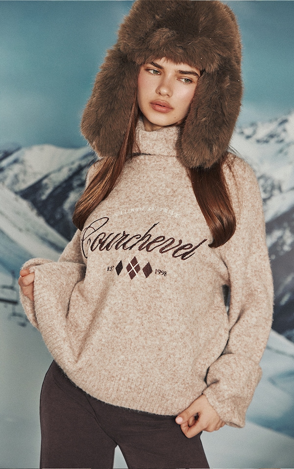 Beige Marl Slogan Oversized Roll Neck Jumper