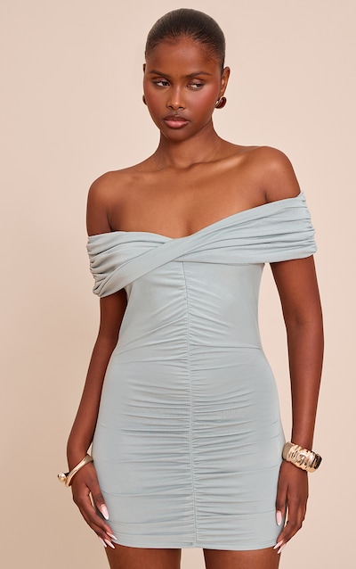 Khaki Modal Ruched Drape Bardot Mini Dress
