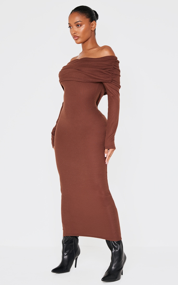 Shape Chocolate Rib Bardot Long Sleeve Maxi Dress image 3