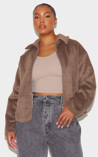 Plus Veste en effet laine taupe à col large et zip