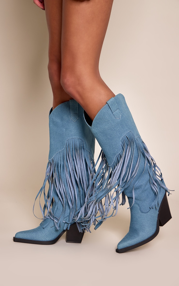 Denim Fringe Cuban Heel Knee High Boots