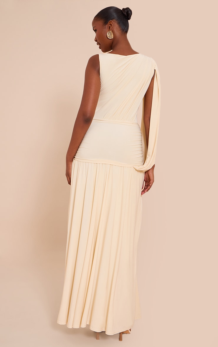 Butter Cream Double Layer Slinky Ruched One Shoulder Maxi Dress image 2