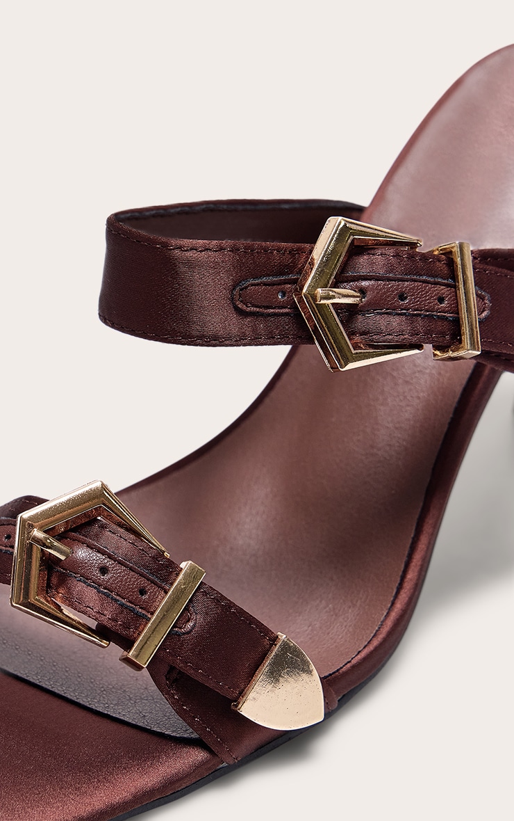 Chocolate Satin Wide Fit Square Toe Buckle Strap High Stiletto Heeled Mules image 4