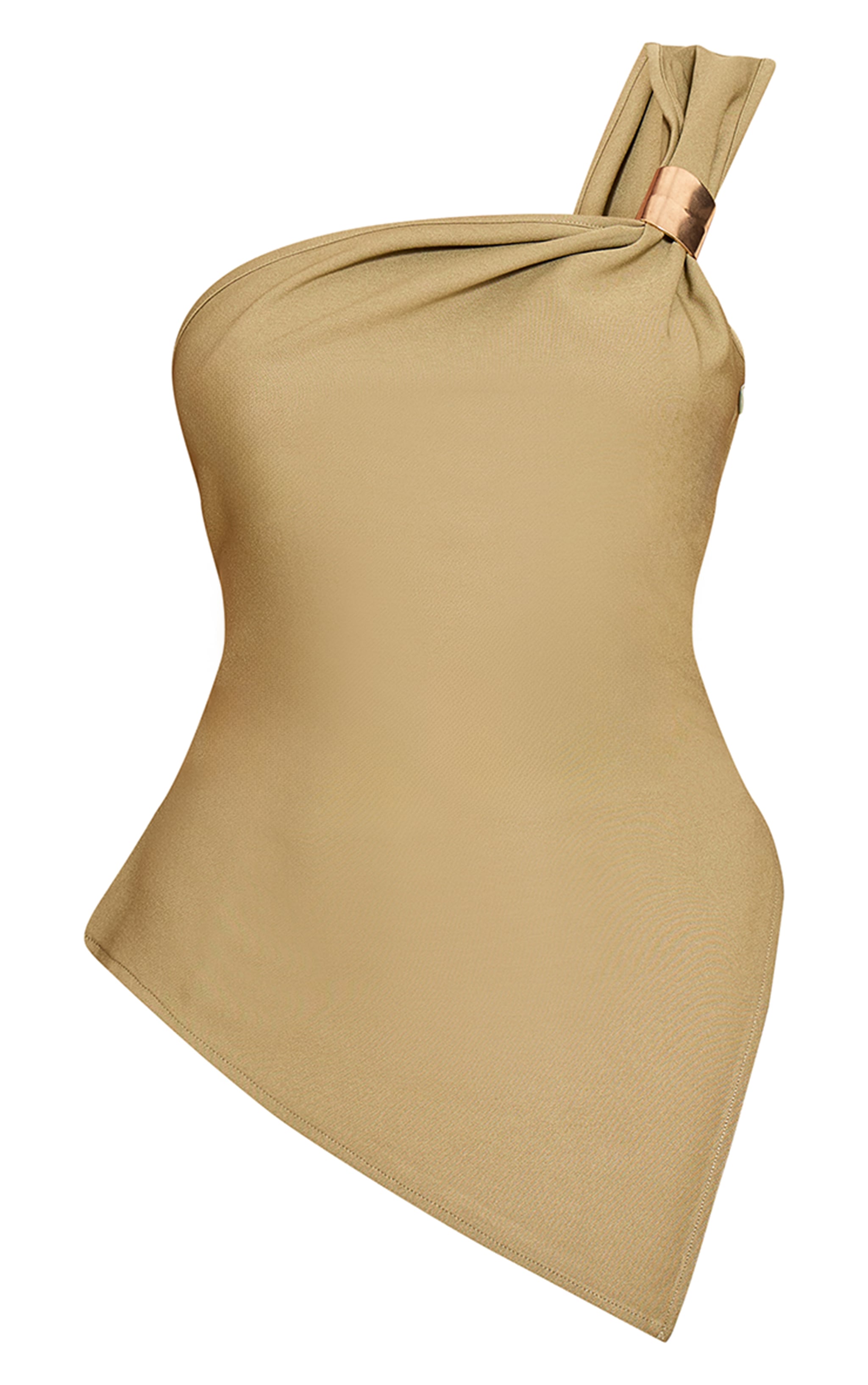 Olive Asymmetric One Shoulder Trim Detail Long Top image 5