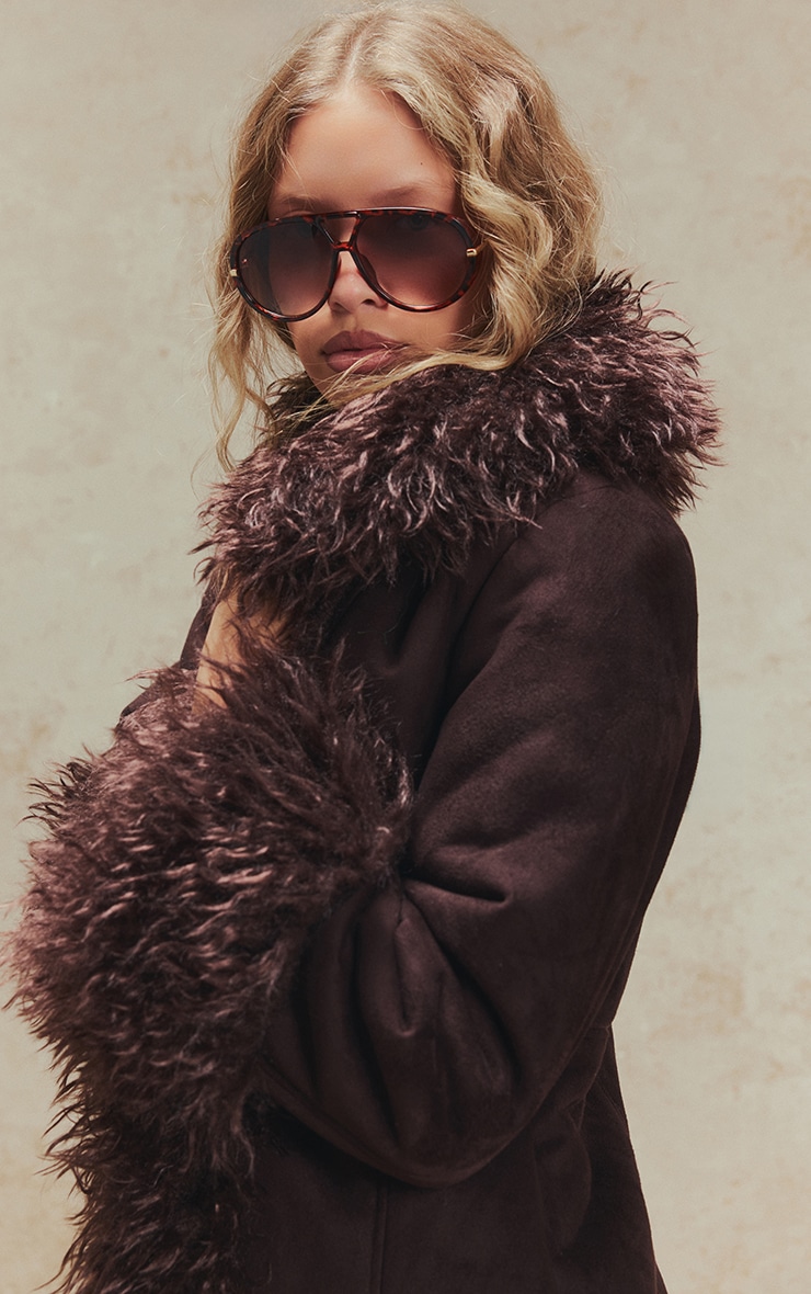 Chocolate Brown Faux Fur Trim Maxi Coat image 2