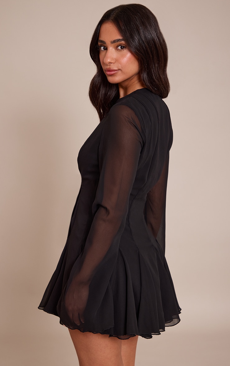 Petite Black Button Detail Long Sleeve Mini Dress image 2