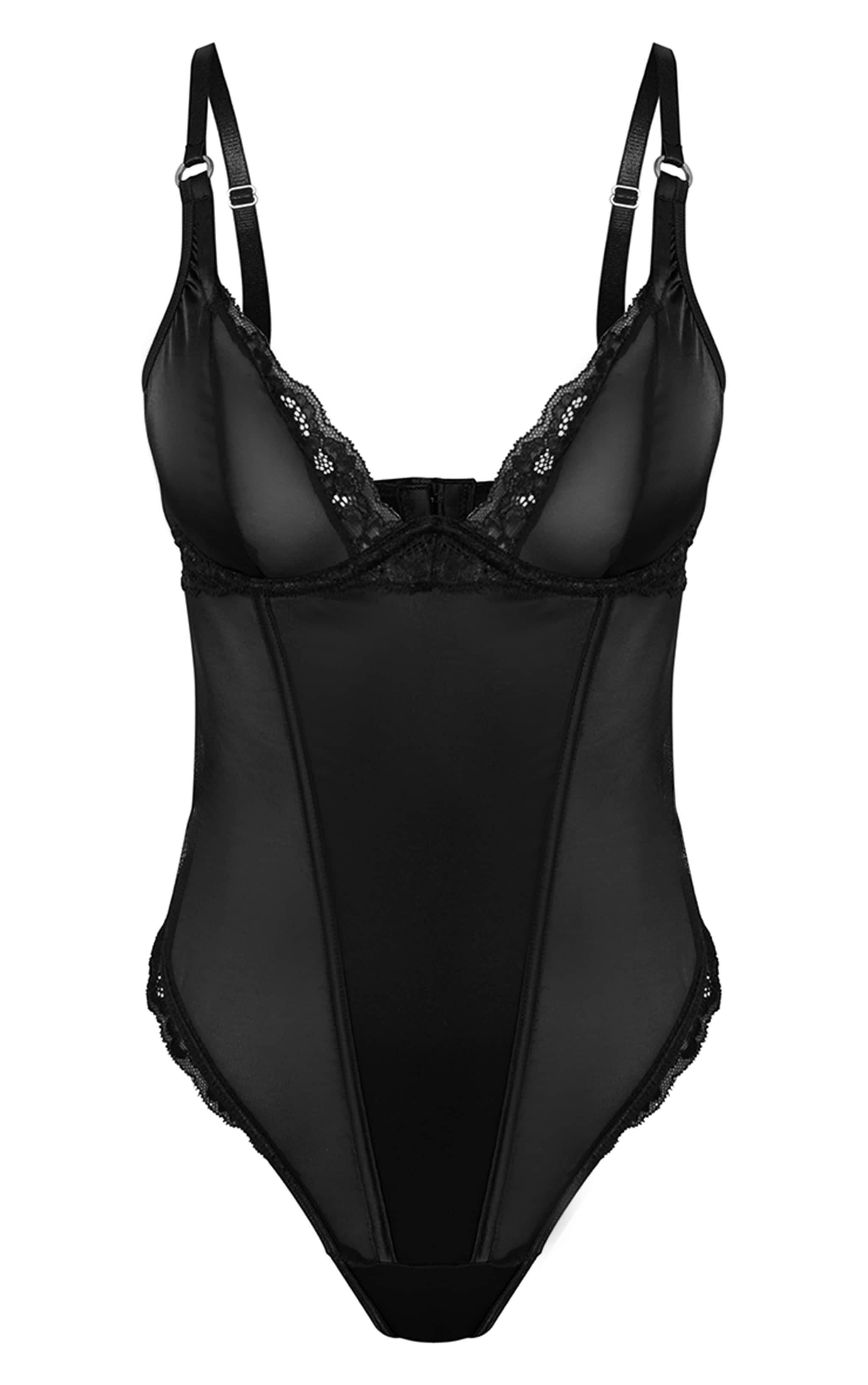 Black Satin Lace Detail Bodysuit image 5