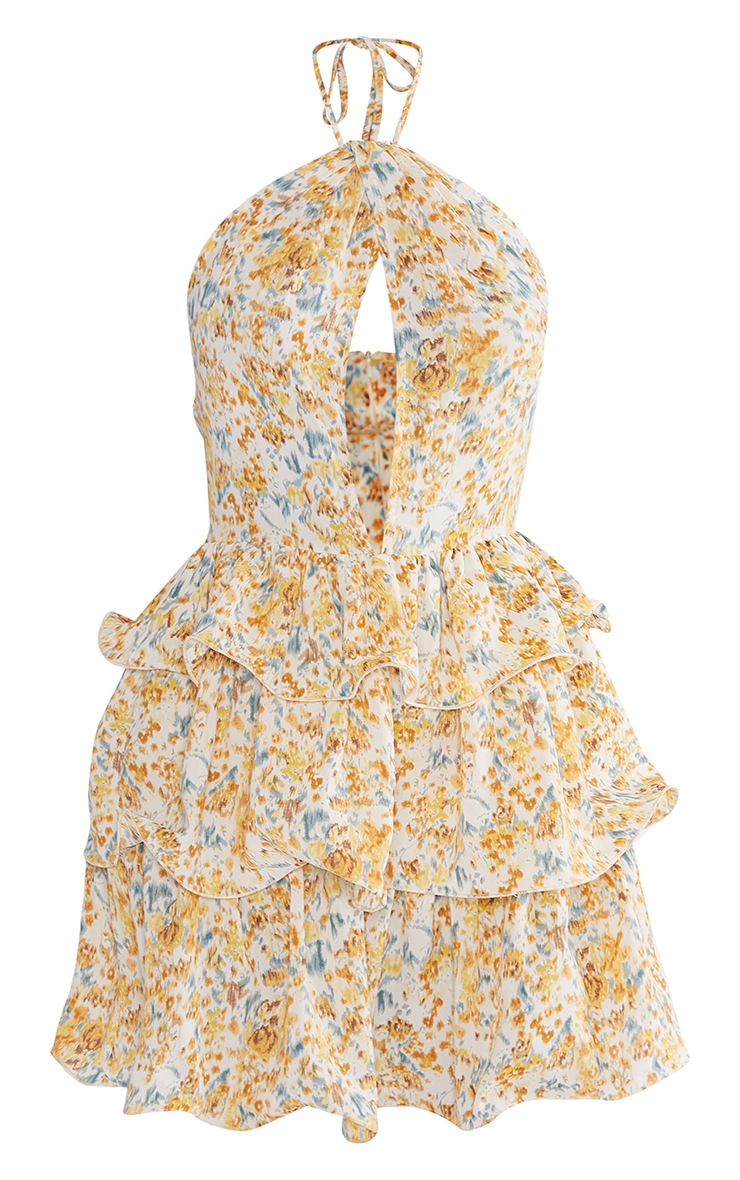 Yellow Printed Tiered Skirt Halterneck Skater Dress image 5