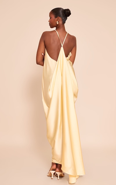 Lemon Satin Drape Back Detail Maxi Dress