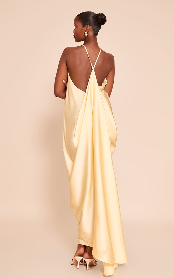 Lemon Satin Drape Back Detail Maxi Dress