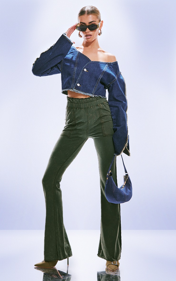 Khaki Acid Washed Skinny Flare Trousers