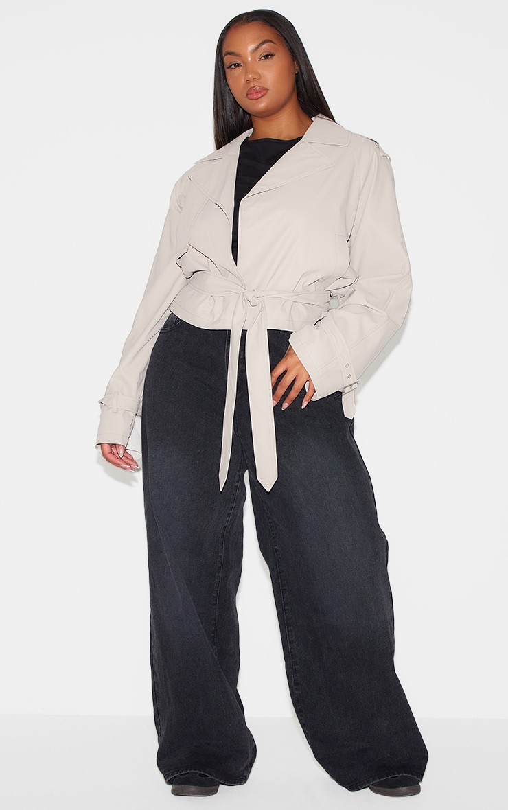 Plus Beige Rubberised Loose Fit Cropped Trench Coat image 3
