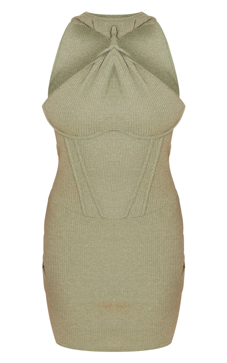 Khaki Textured High Neck Knot Corset Underwired Bodycon Dress image 5