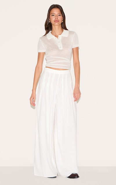 White Linen Blend Floaty Pin Tuck Wide Leg Pants