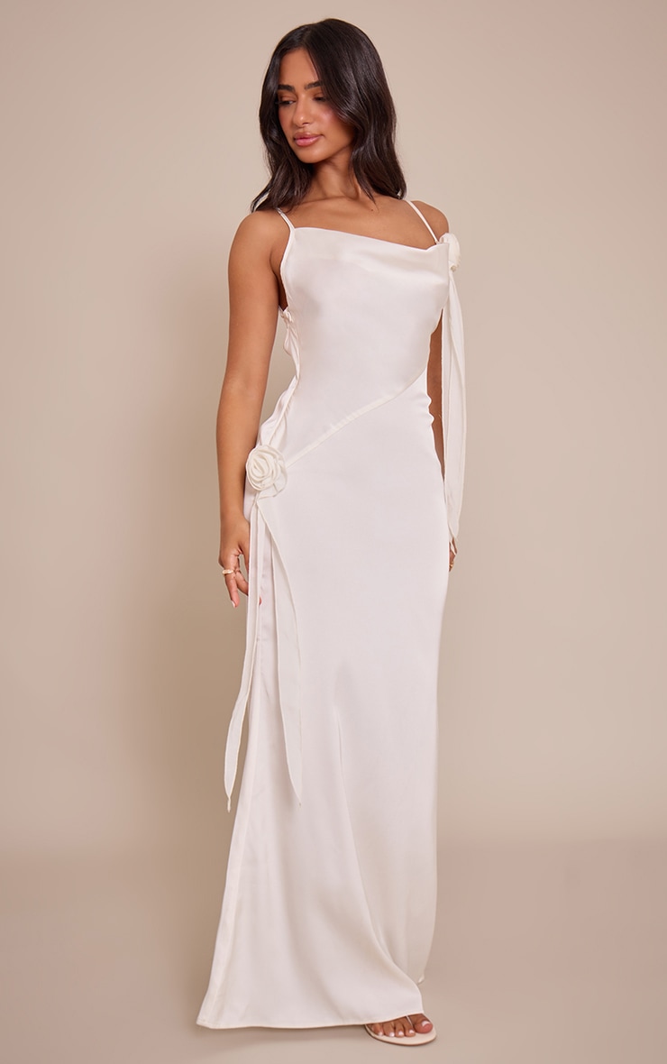 Petite White Satin Floral Drape Cowl Neck Maxi Dress image 3