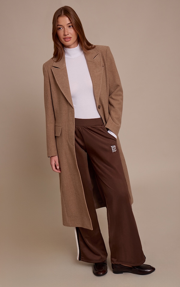 Taupe Single Breasted Seam Detail Wool Look Maxi Coat