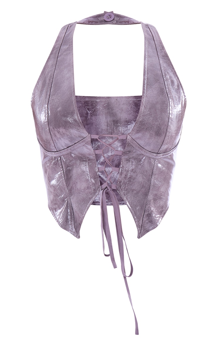Taupe Washed Faux Leather Lace Up Plunge Halterneck Top image 5