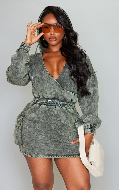 Shape Khaki Washed Oversized Hoodie Sweat Dress