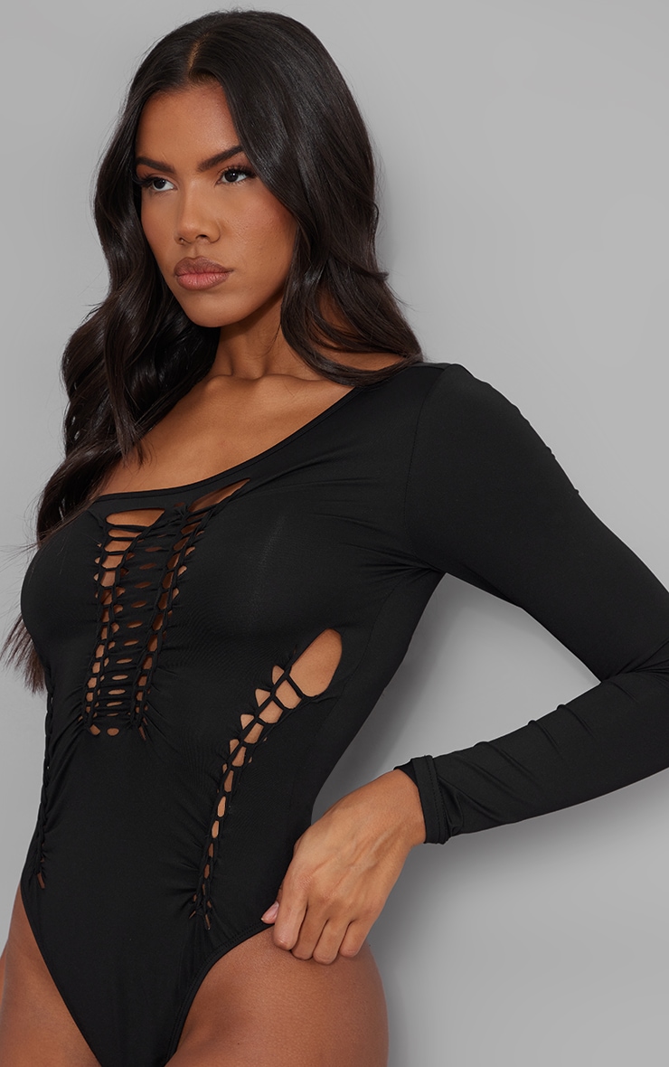 Black One Shoulder Laser Cut Out Bodysuit image 2