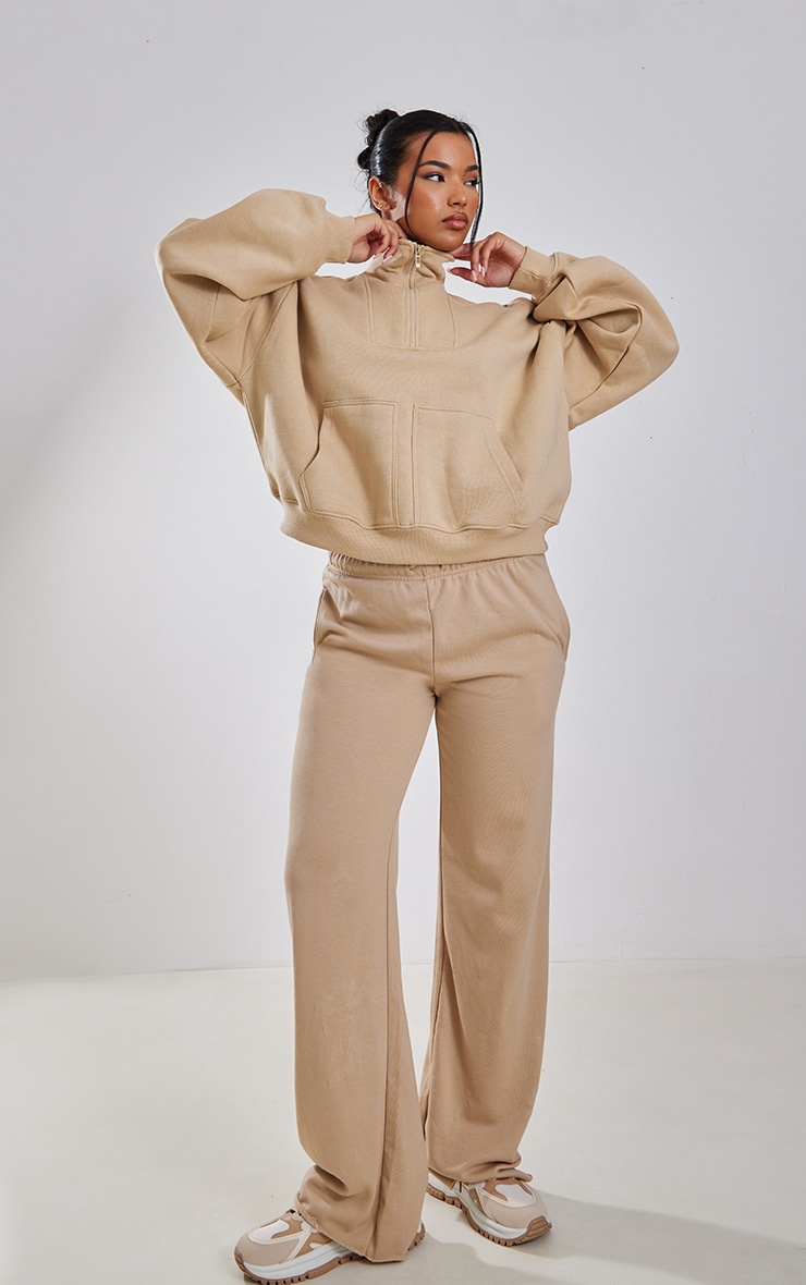 Sand Half Zip Double Pocket Seam Detail Sweatshirt image 3