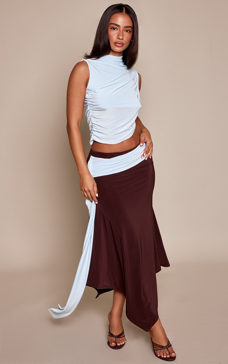 Petite Baby Blue Contrast Side Drape Slinky Midi Skirt