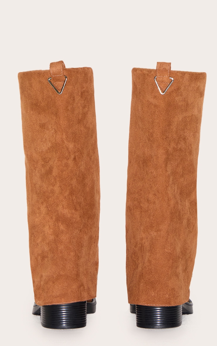 Camel Faux Suede Block Heeled Fold Over Knee High Boots image 3